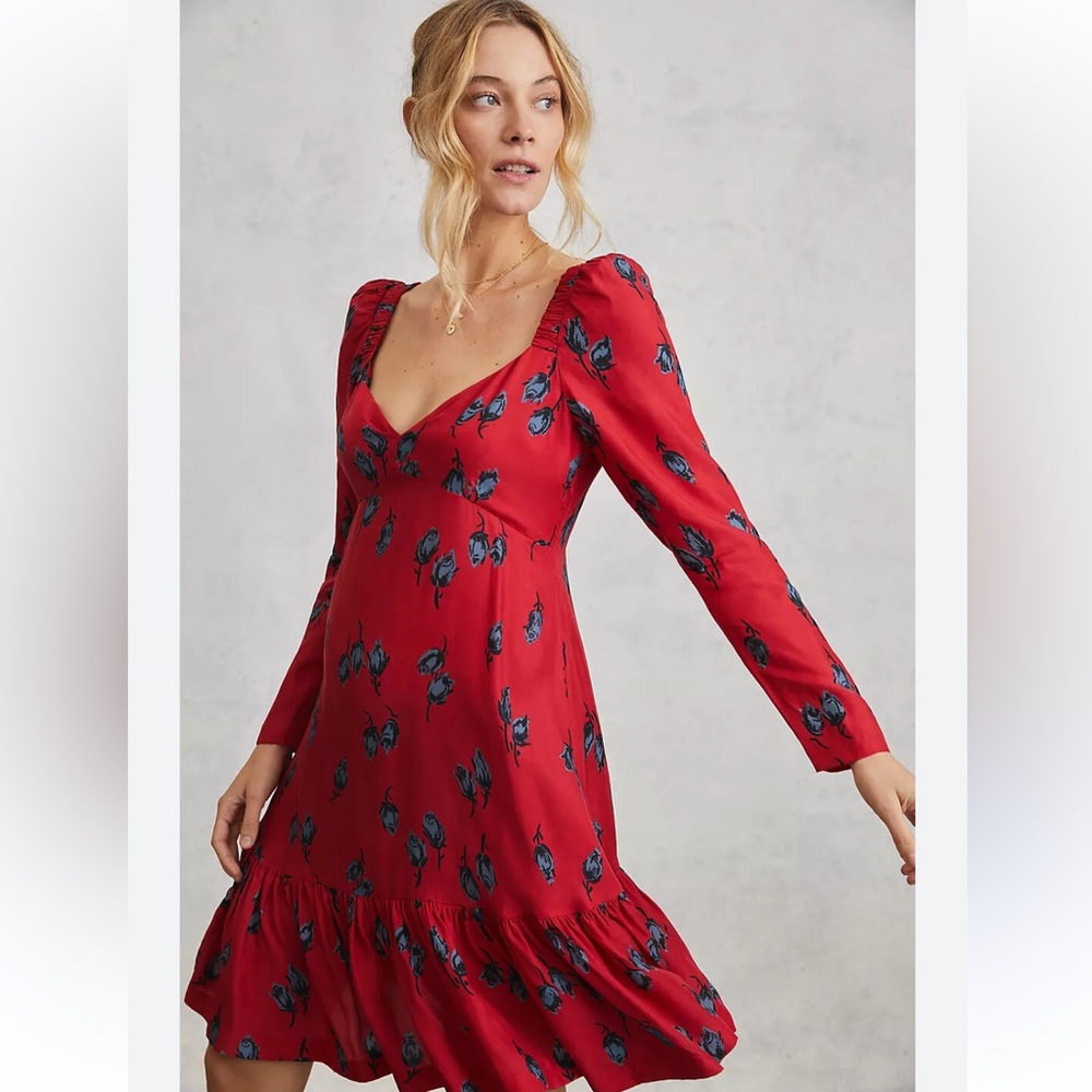 Hope for Flowers Tracy Reese Red Floral Sweetheart Mini Dress Long Sleeve Size S